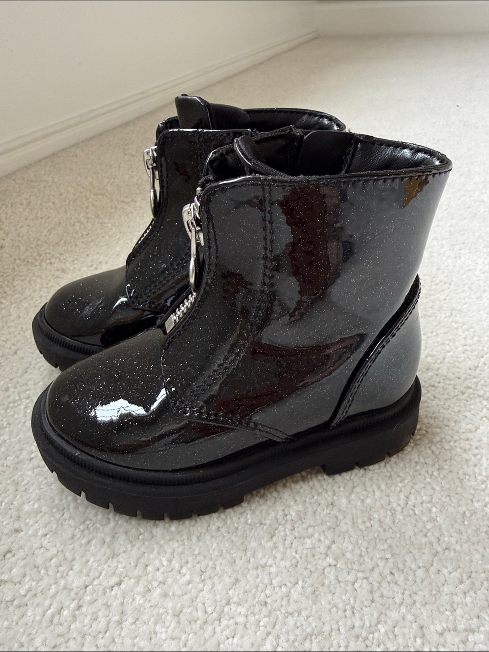 Cat & Jack Black Patent Glitter Front-Zip Boots